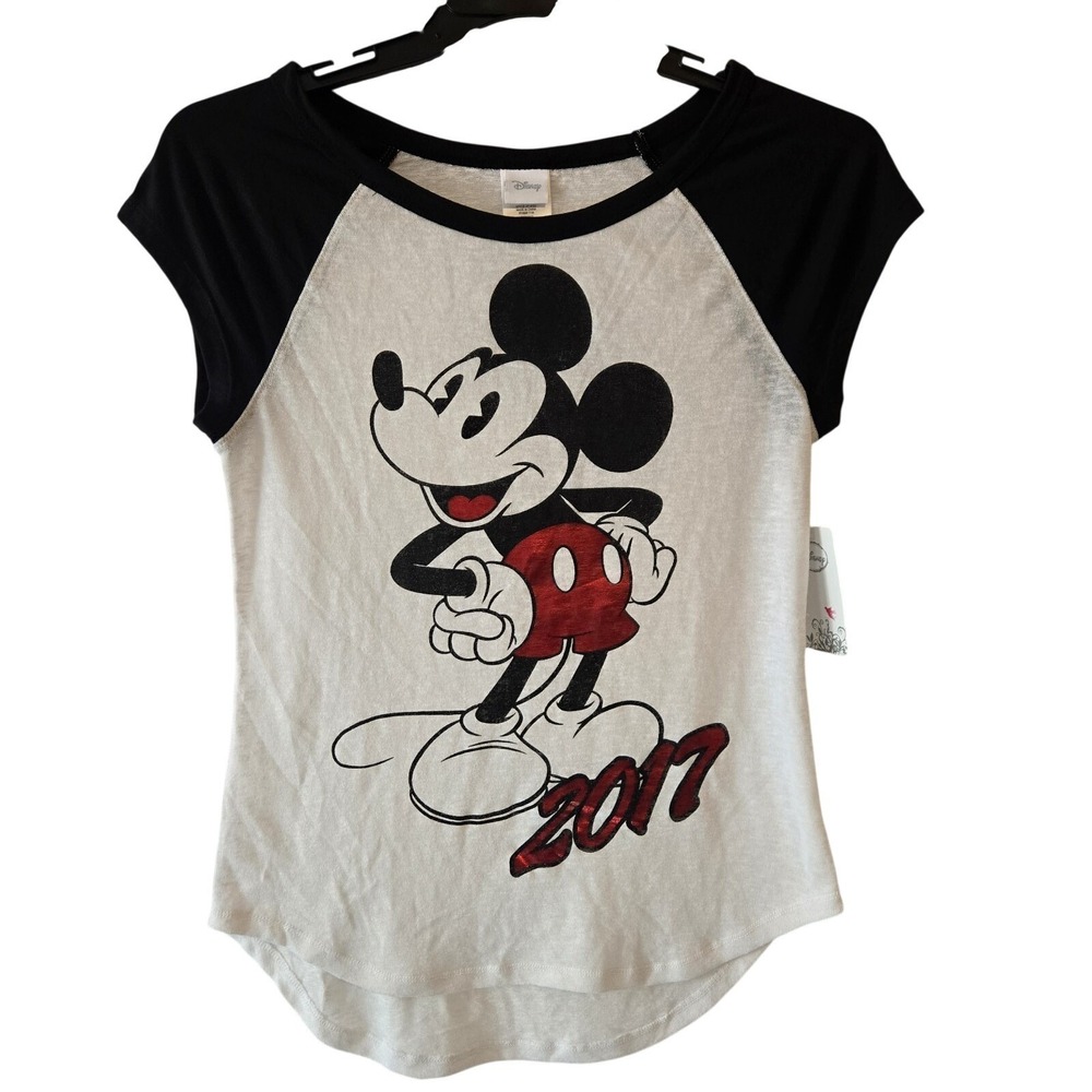 Disney Mickey Mouse 2017 Graphic Tee Women's M 7/9 Raglan Short Sleeve Shirt